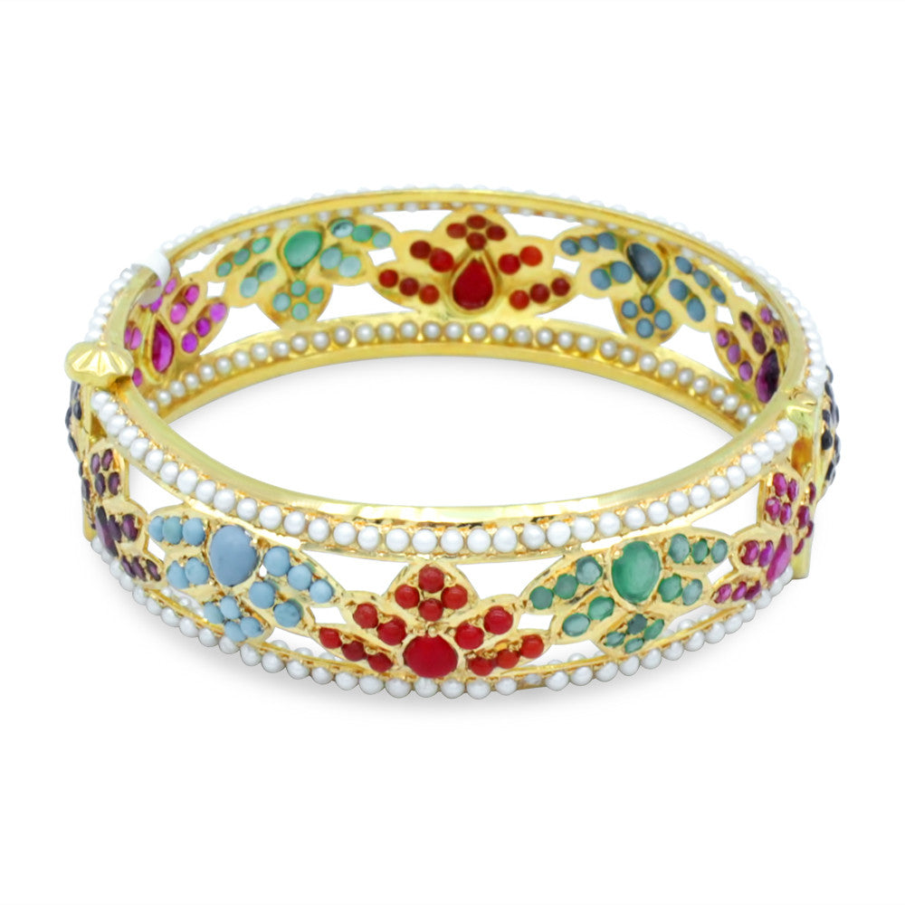 21K Yellow Gold Indian Pearl Festive Multicolor Bangle with screw hinge