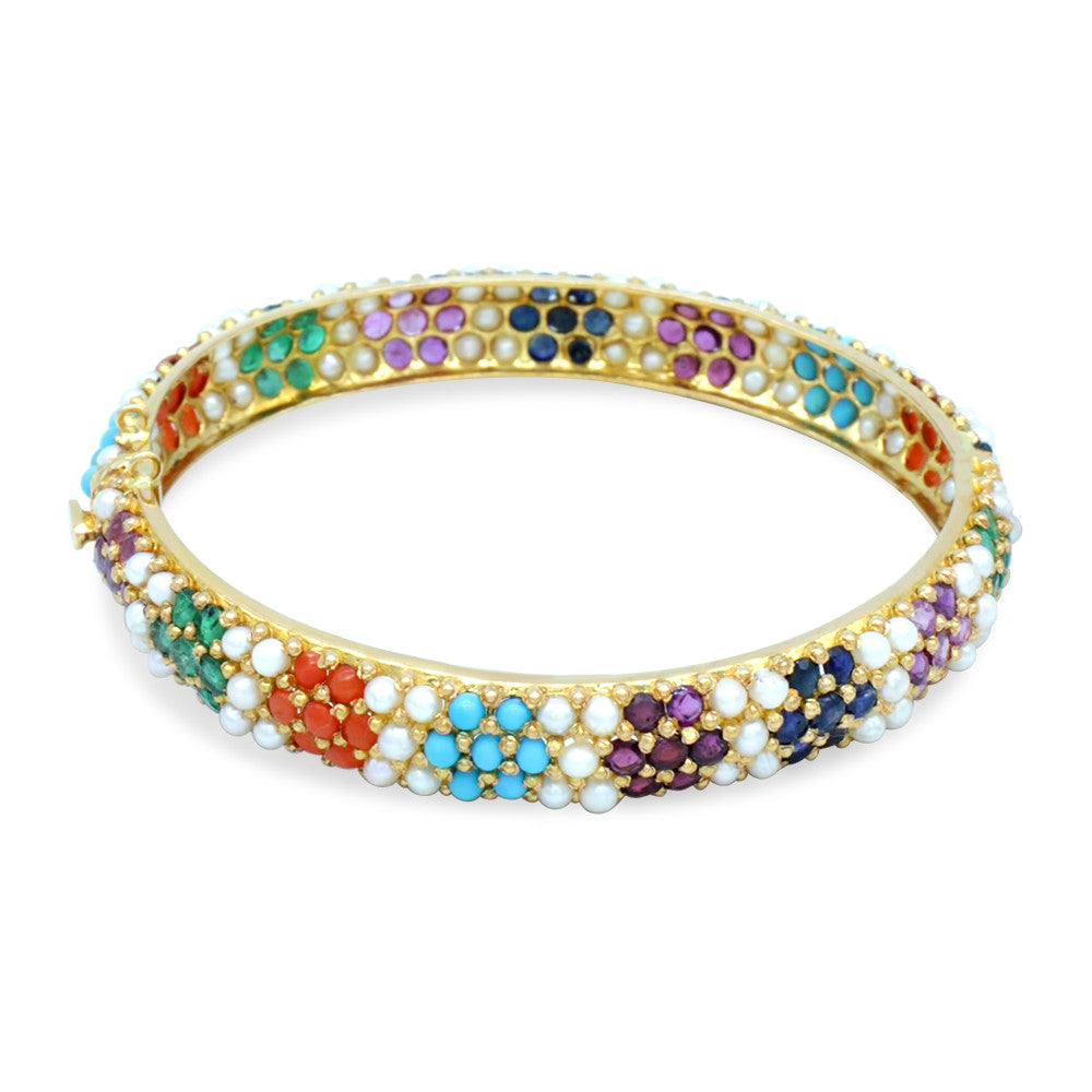 22K Yellow Gold Bahraini Pearl Multicolor Zahra Bangle with bayonet clasp