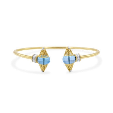 18K Yellow Gold Blue Topaz Diamond Cuff Bangle