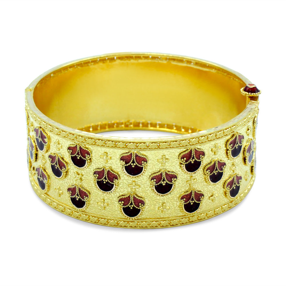 21K Yellow Gold Indian Solid Meena Bangle with enamel red roses