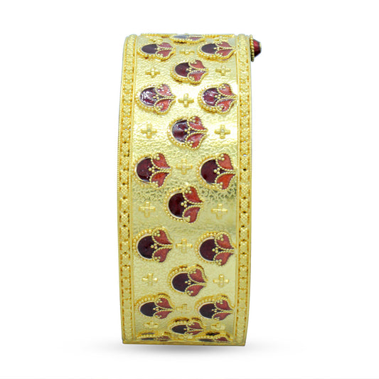 21K Yellow Gold Indian Solid Meena Bangle with enamel red roses