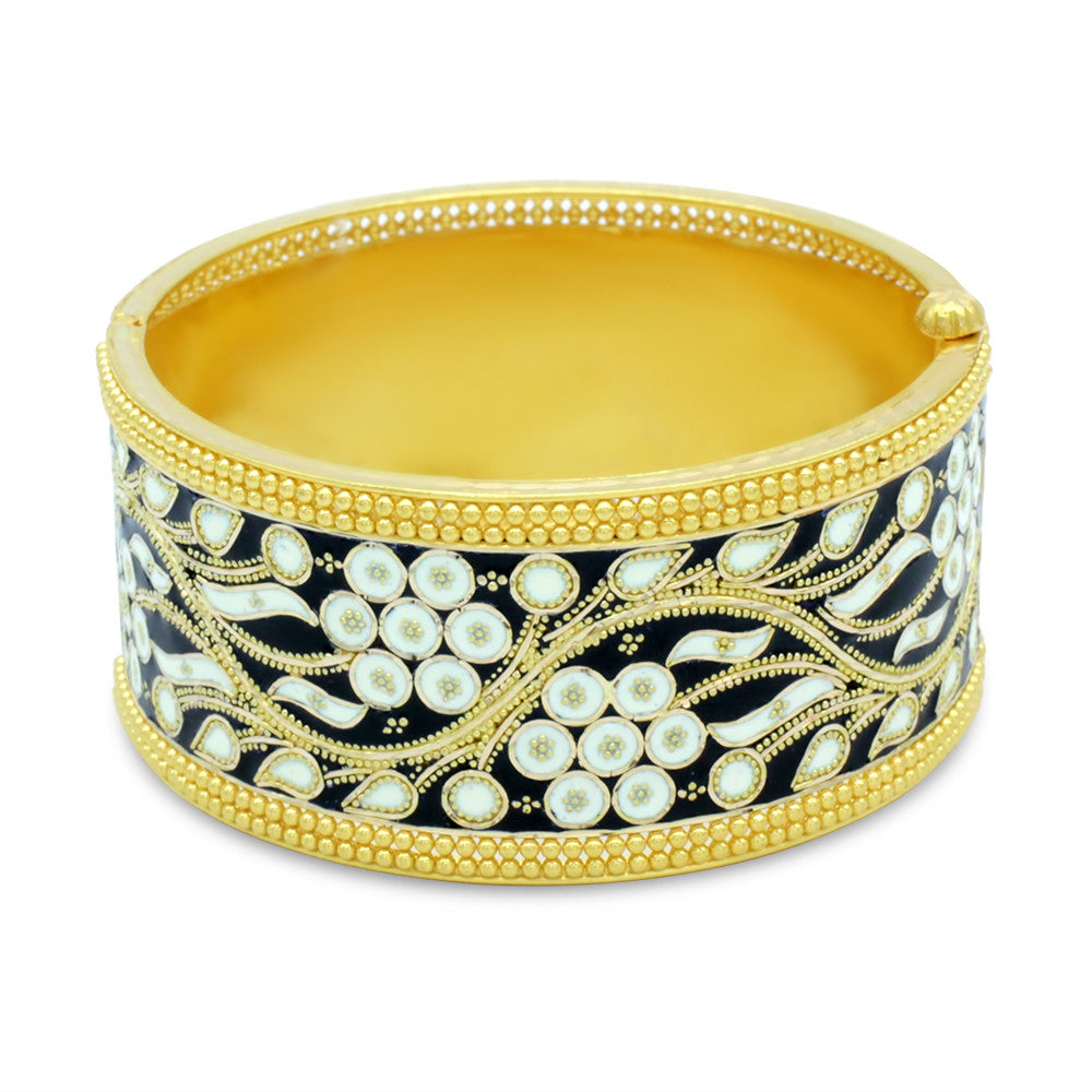 21K Yellow Gold Bahraini Navy Blue Floral Bangle with screw hinge