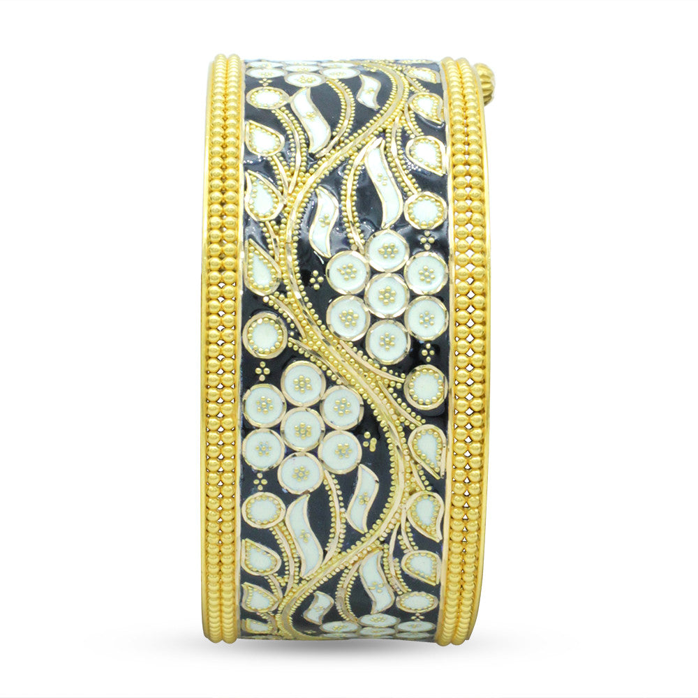 21K Yellow Gold Bahraini Navy Blue Floral Bangle with screw hinge