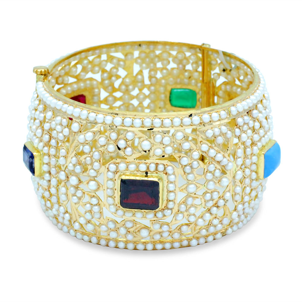 21K Yellow Gold Bahraini Multicolor gemstones Pearl Bangle