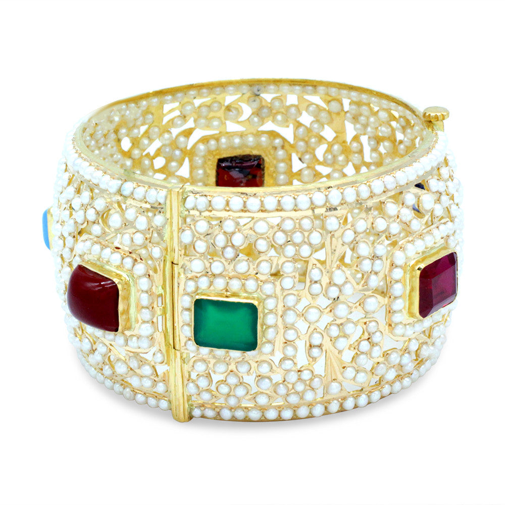 21K Yellow Gold Bahraini Multicolor gemstones Pearl Bangle