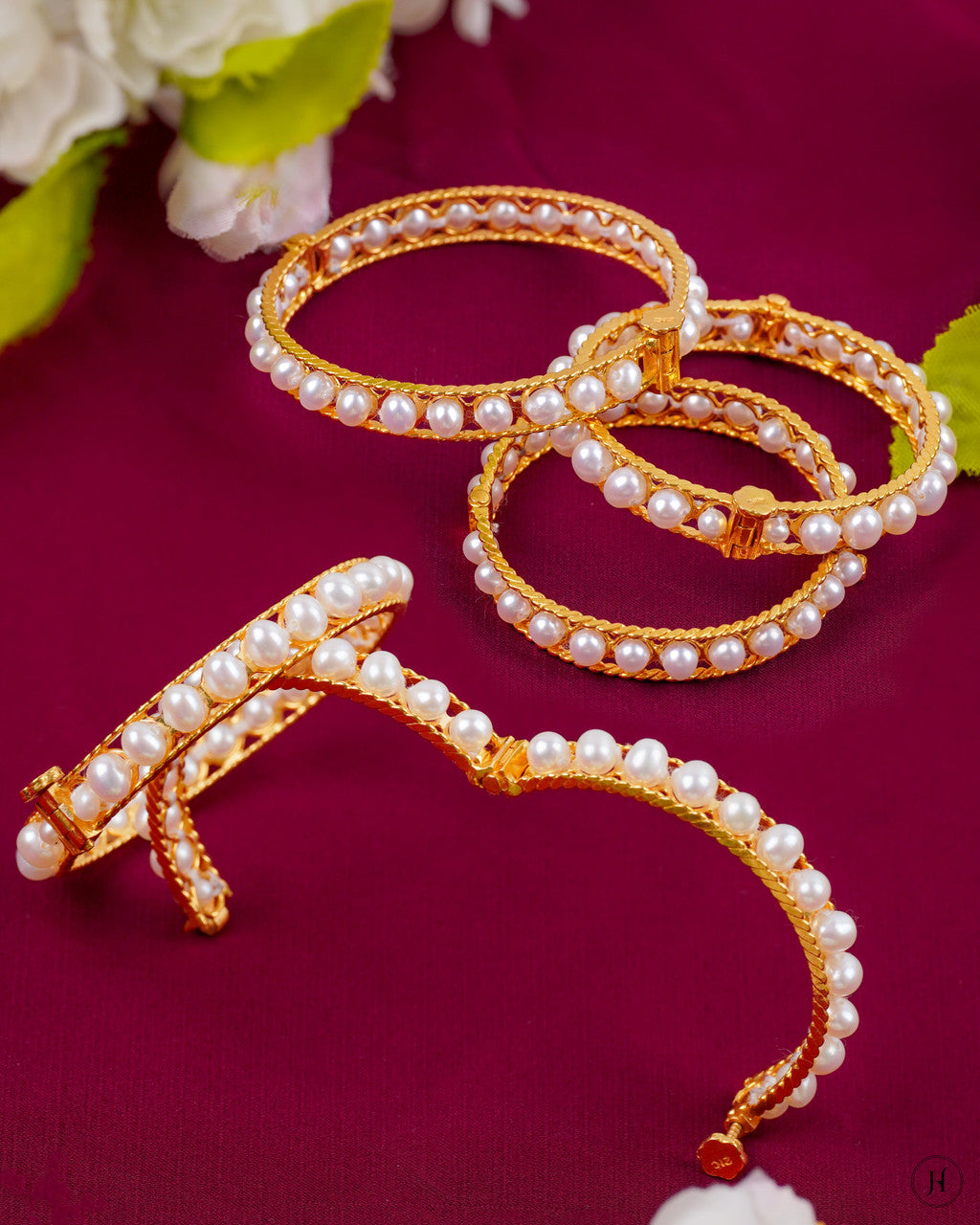 21K Bahraini Yellow Gold Pearls Baby Bangles With Screw Lock