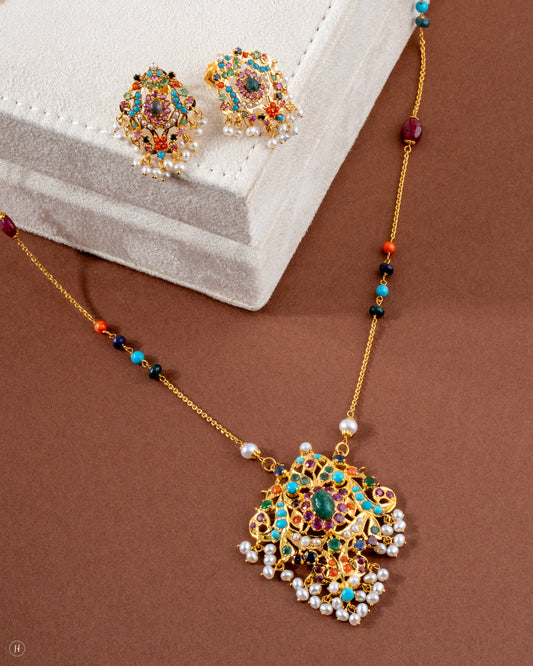 Buy Online 21K Yellow Gold Pakistani Floral Multi- Gemstone Bridal Necklace Set for  women in UAE