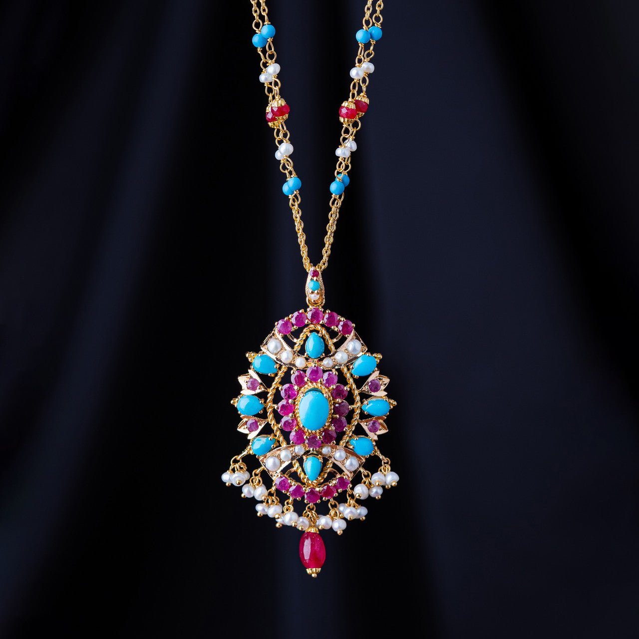 21K Yellow Gold Pakistani Chain-pendant with Ruby,Feroza & Fresh Water Pearls
