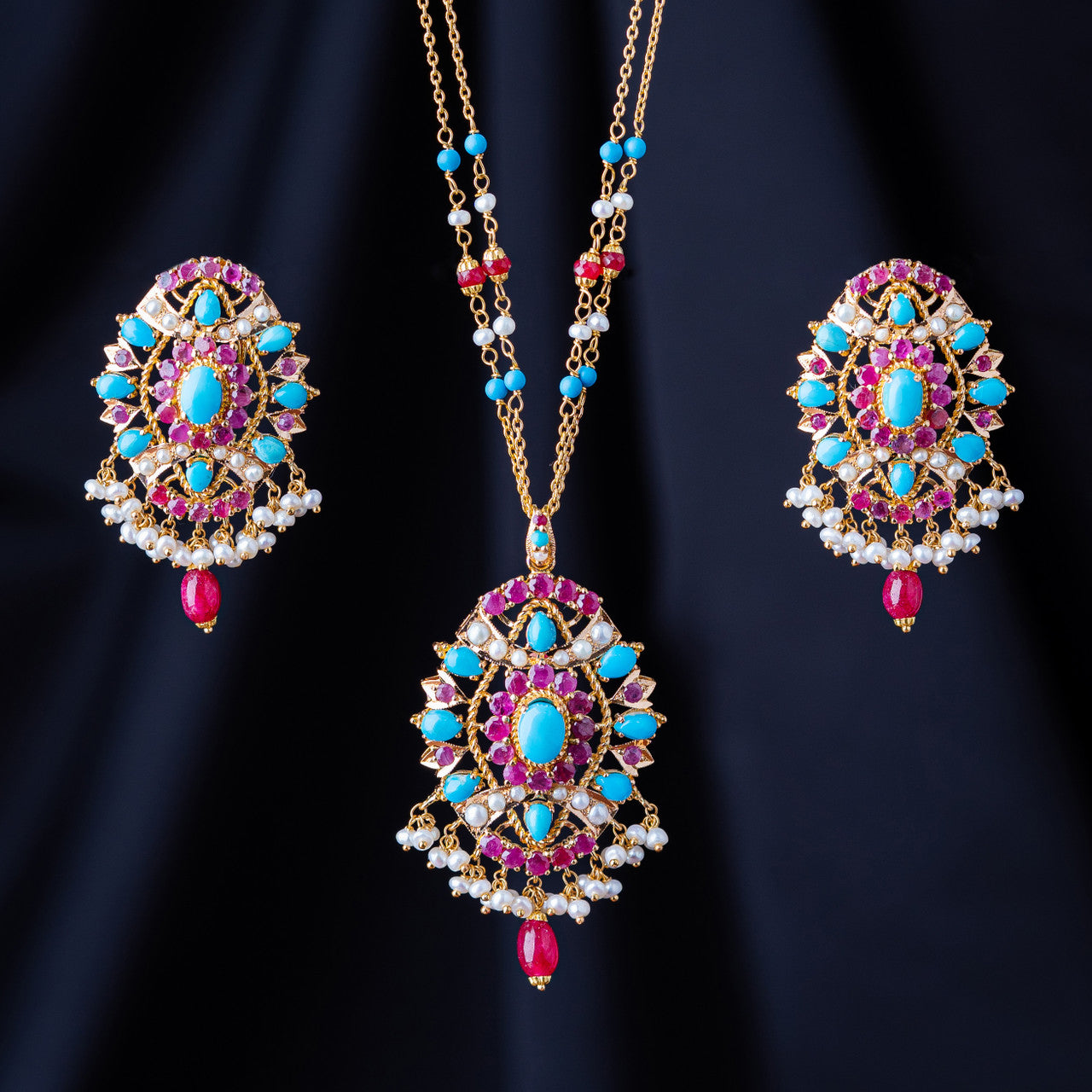 21K Yellow Gold Pakistani Necklace Set with Ruby,Feroza & Fresh Water Pearl