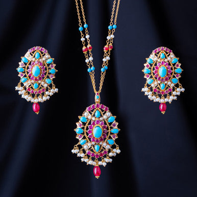 21K Yellow Gold Pakistani Necklace Set with Ruby, Feroza & Fresh Water Pearl