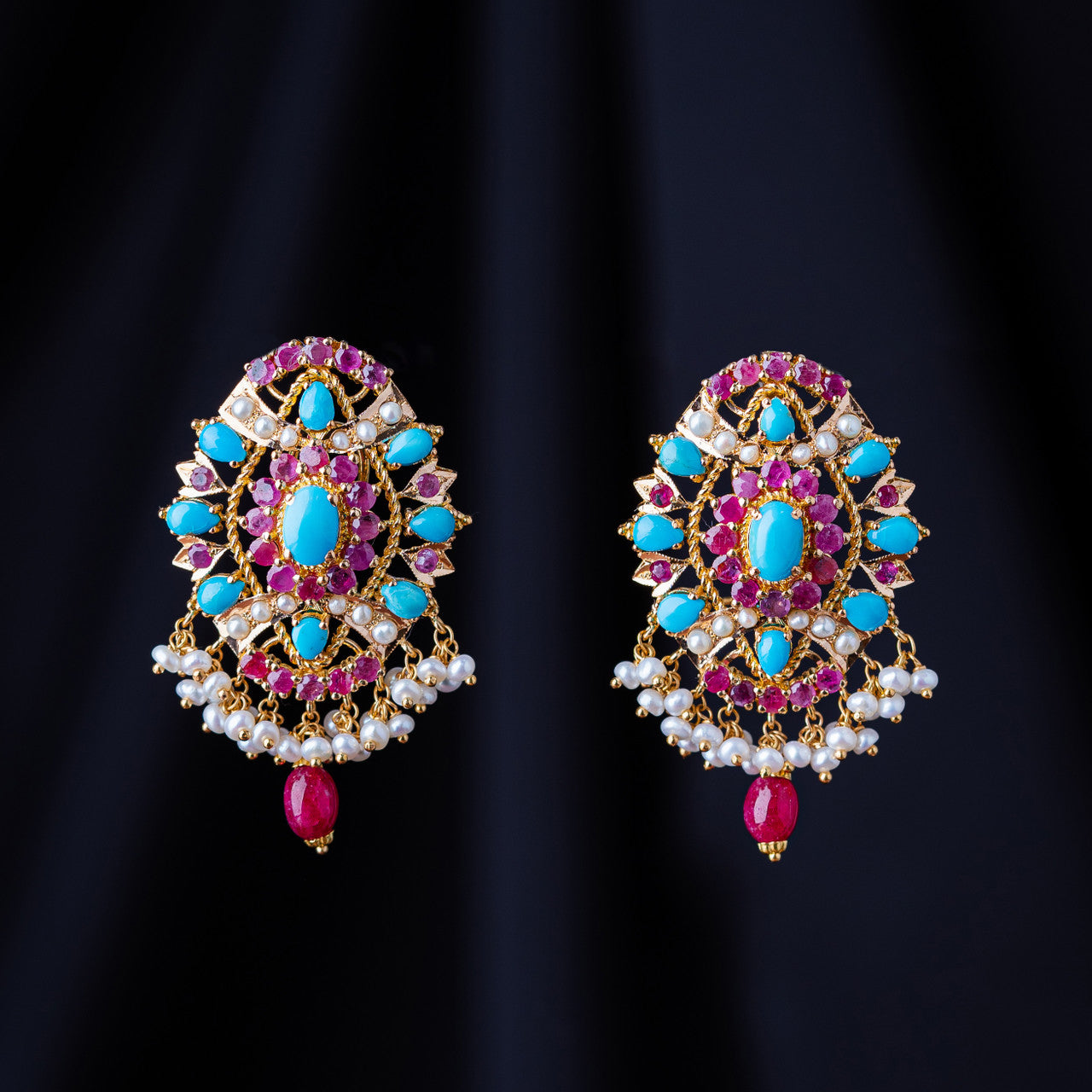 21K Yellow Gold Pakistani Earrings with Ruby,Feroza & Fresh Water Pearl
