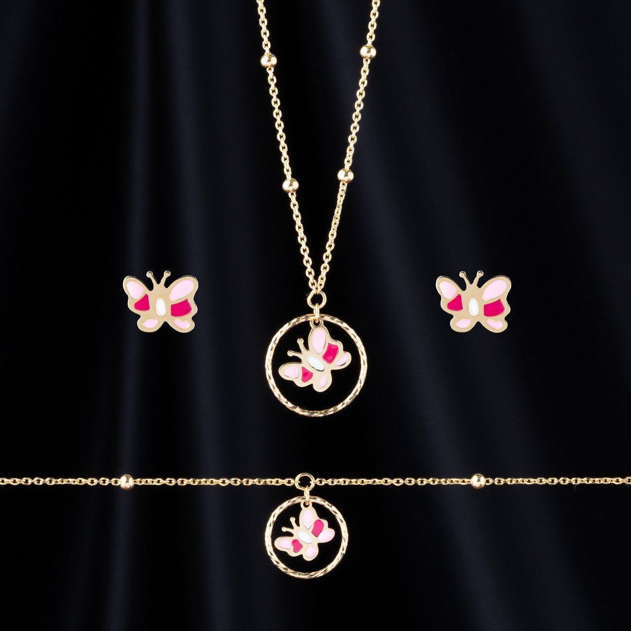 18K Yellow Gold Baby-Pink Butterfly Necklace Set
BABY JEWELLERY DUBAI
GOLD BABY JEWELLERY SET
SHARJAH GOLD SOUQ
GOLD GIFT FOR BABY GIRL