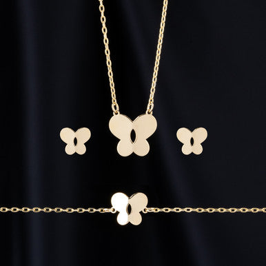 18K Yellow Gold Plain Butterfly Baby Necklace Set