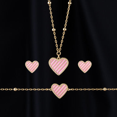 18K Yellow Gold Pink Heart Baby Necklace Set