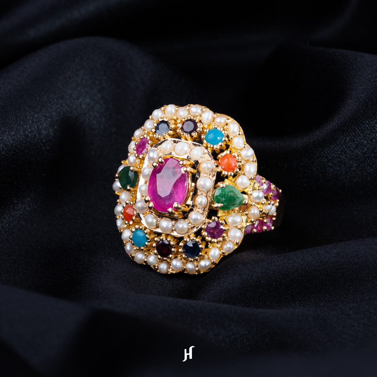 Pakistani Rings 21K Gold Pakistani Navratna Ring with Fresh water Pearls In Dubai – J.H ...