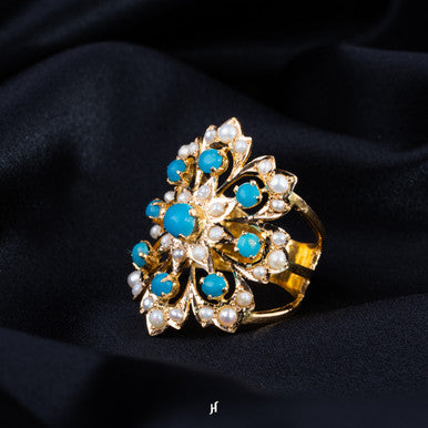 21K Yellow Gold Pakistani Ring with Fresh water Pearls and Aqua Marine Feroza