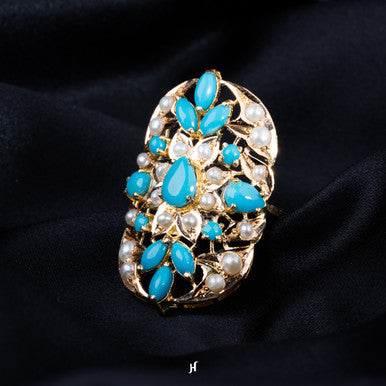 21K Yellow Gold Pakistani Ring with Fresh Water Pearls & Feroza