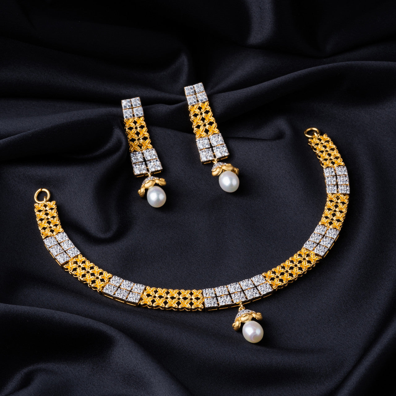 22K Pakistani Design Choker Necklace set with Earrings, Zircon