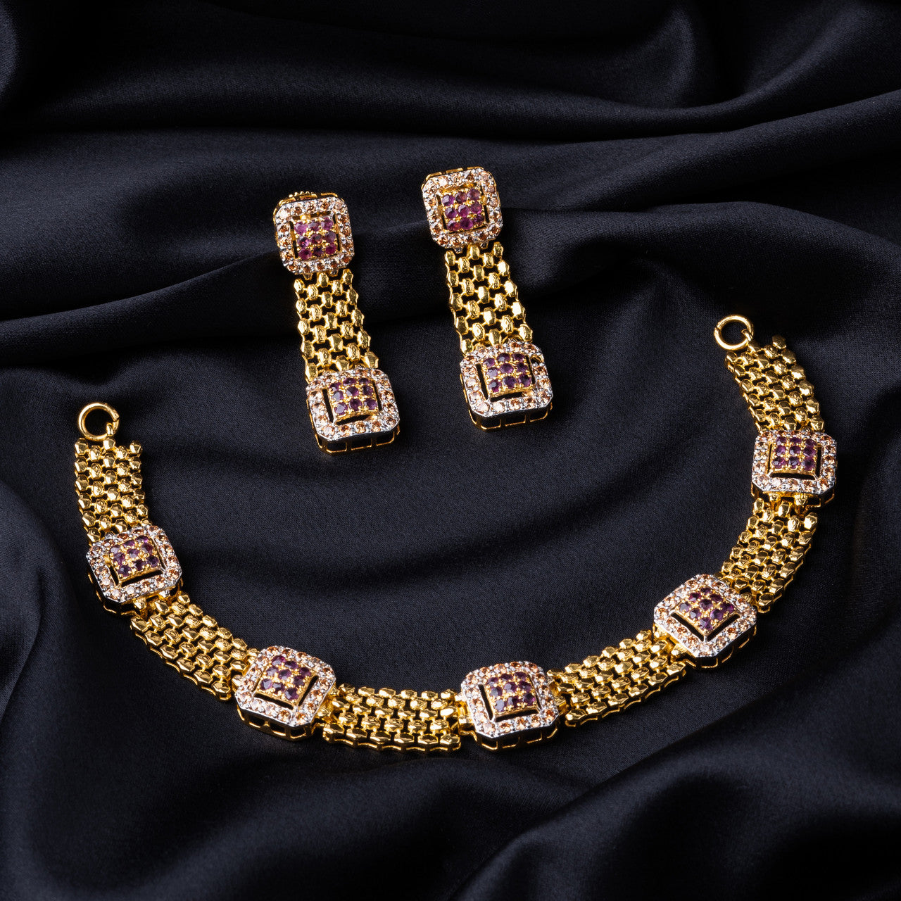 22K Gold Pakistani Choker Necklace Set with Square Design Zirconia Setting

