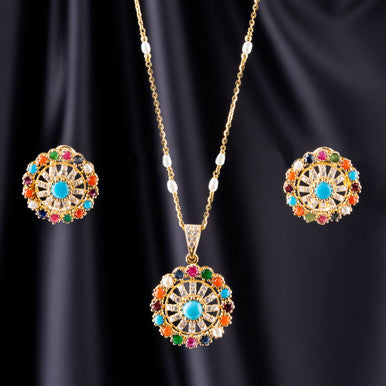 21K Yellow Gold Pakistani Navratna Pendant Set