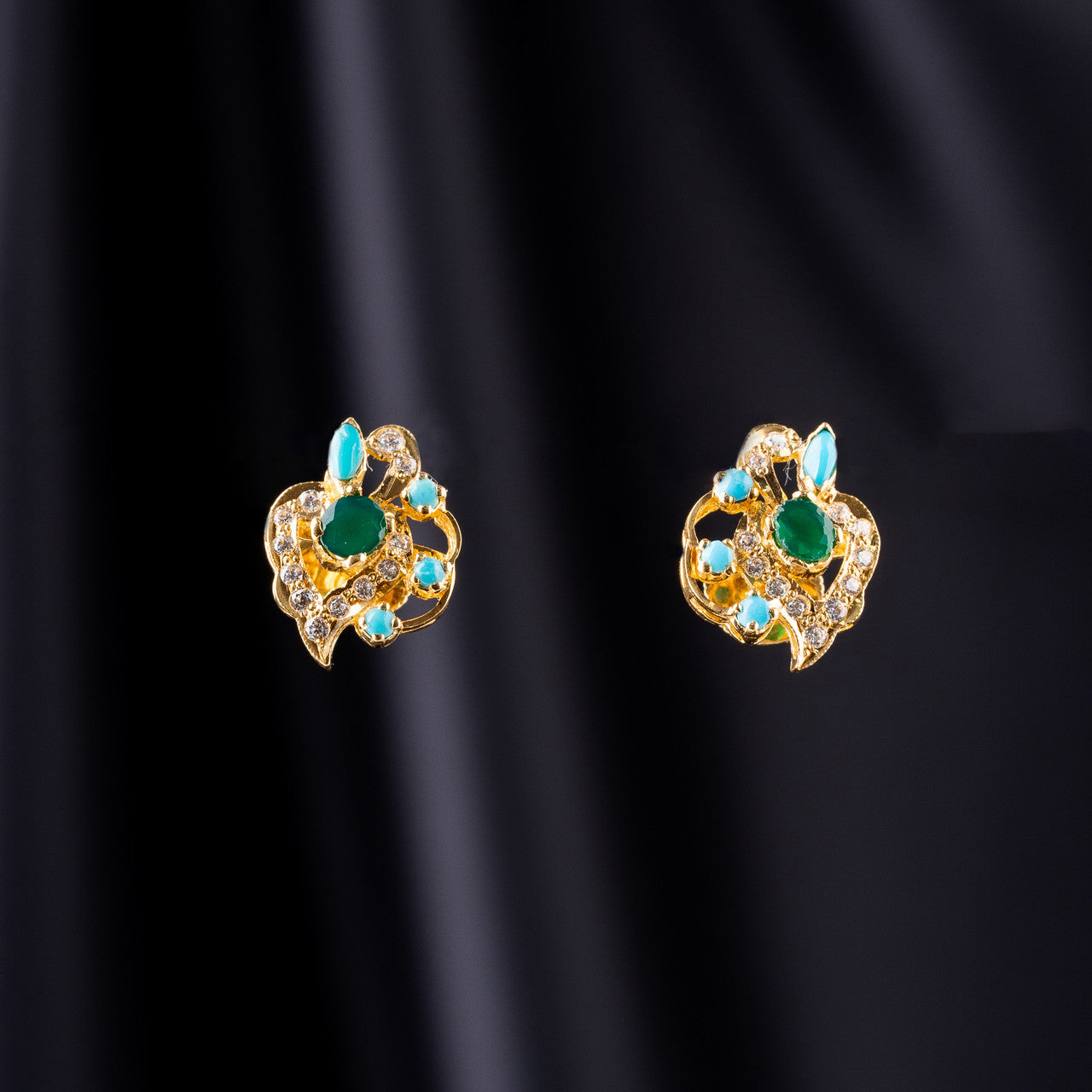 22K Gold Pakistani Earrings with Fresh Water Pearls, Aqua Marine Emerald and Feroza