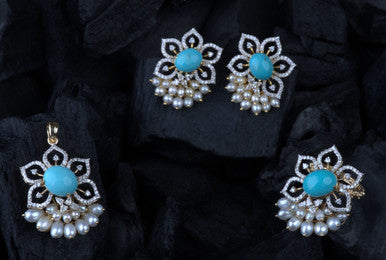 18K White Gold Flower Turquoise Diamond Pendant Set