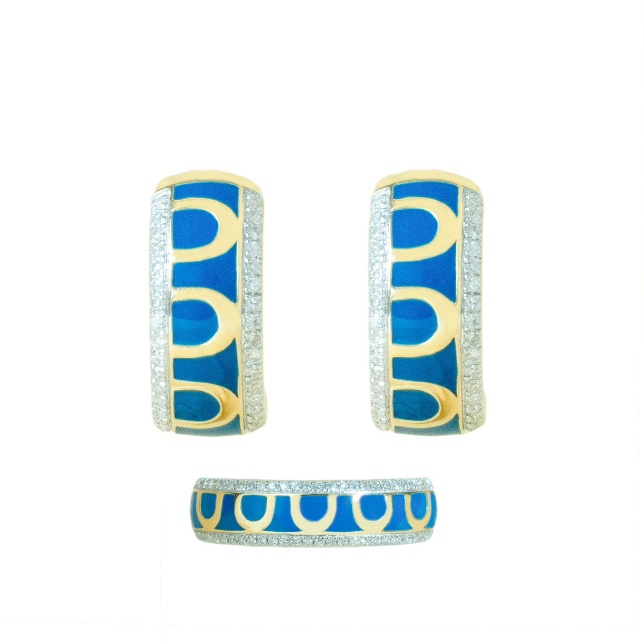 18K Yellow Gold Dark Blue Enamel Diamond Ring and Earrings