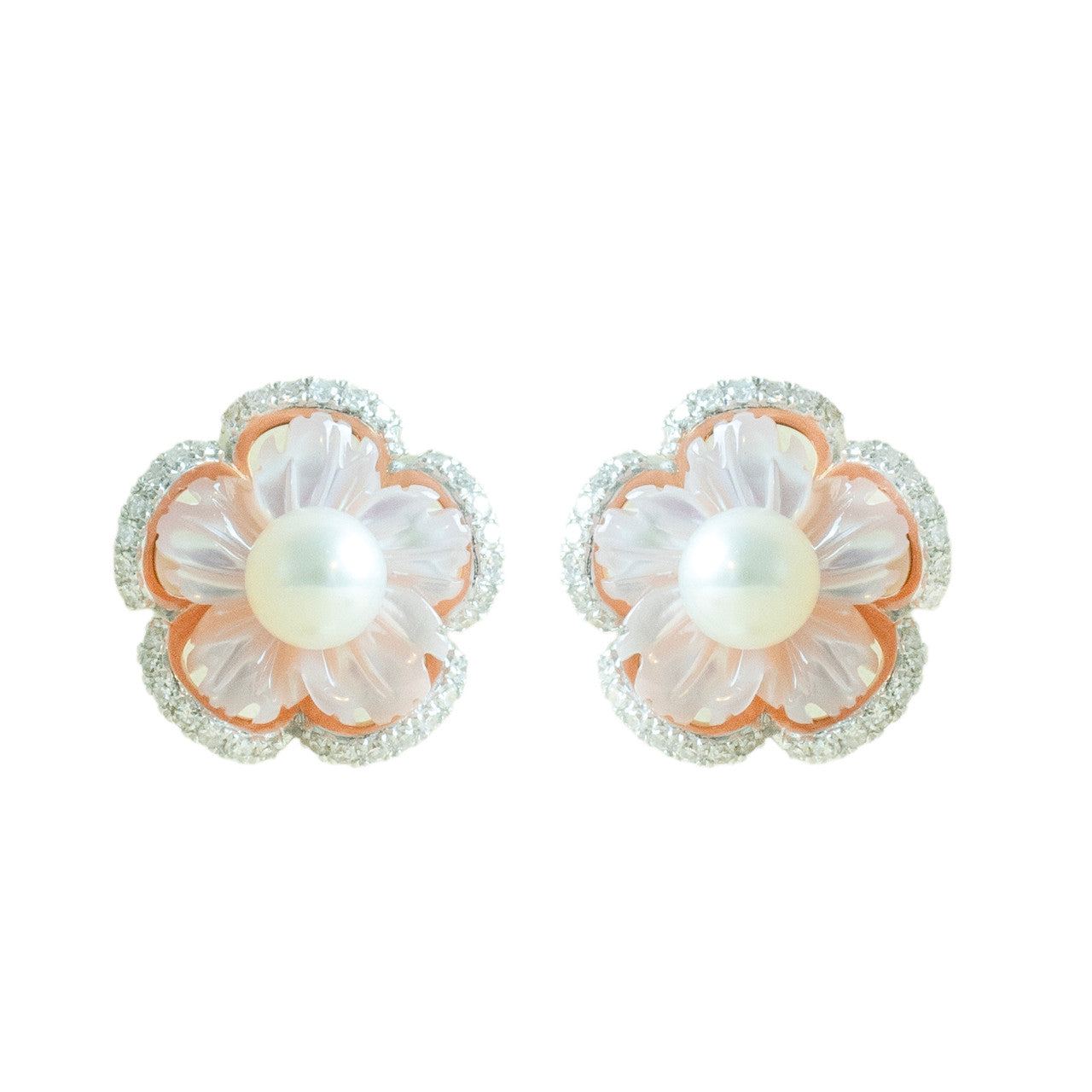 18K Rose Gold Mother of Pearl  Flower Diamond Earrings