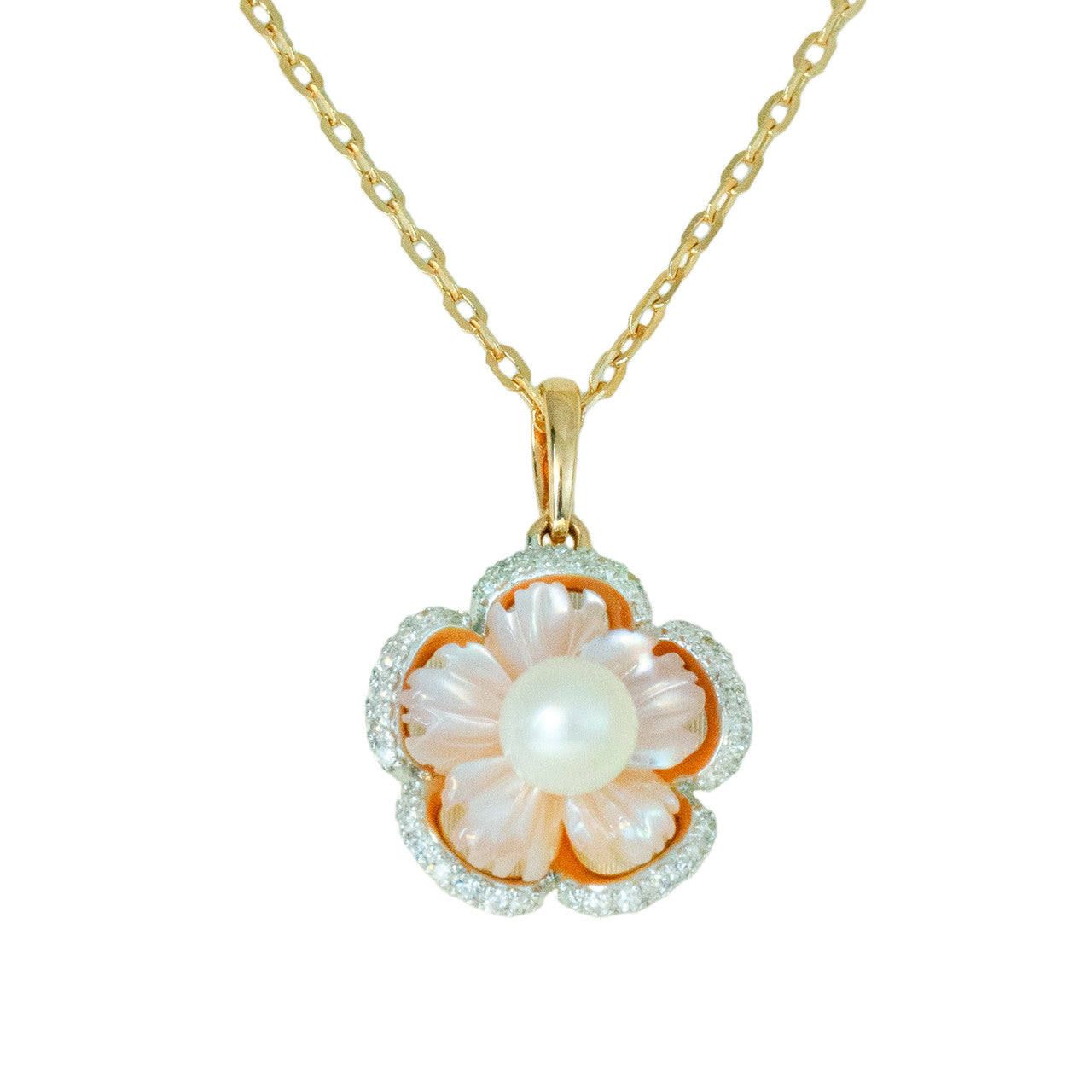 18K Rose Gold Mother of Pearl  Flower Diamond Pendant