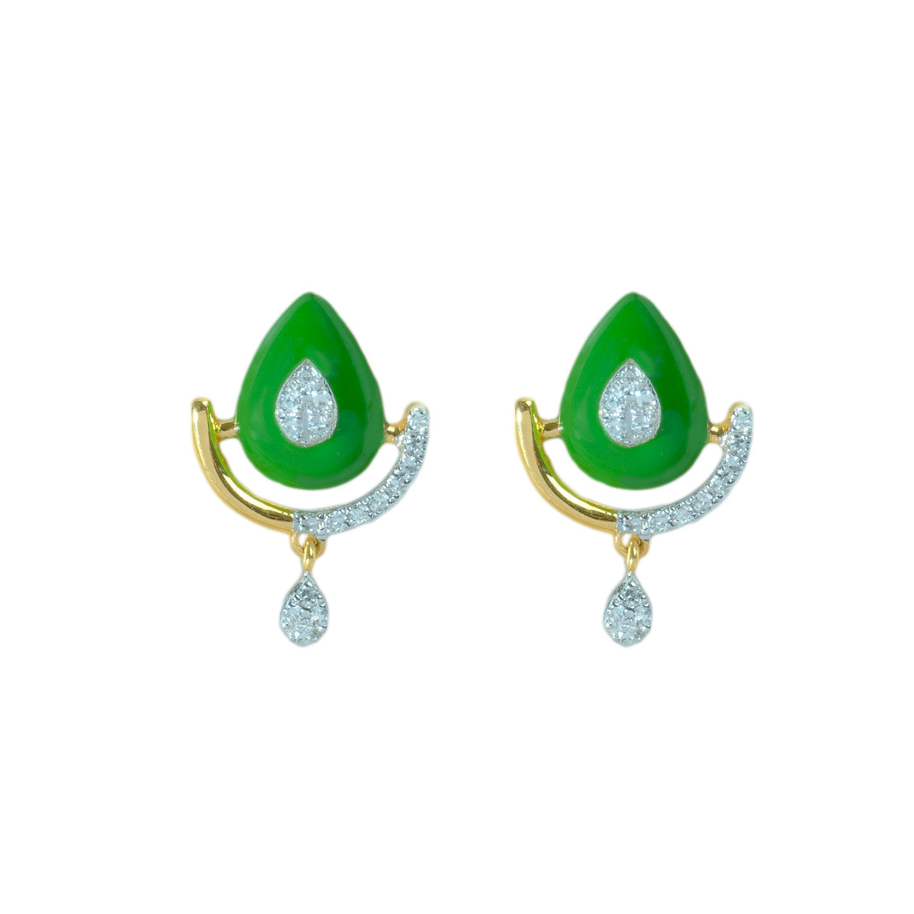 18K Yellow Gold Green Enamel Diamond Earrings