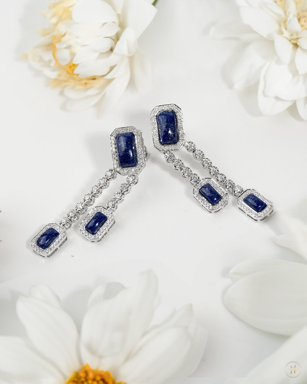 18K Blue Lazord Stone White Gold Diamond Earrings