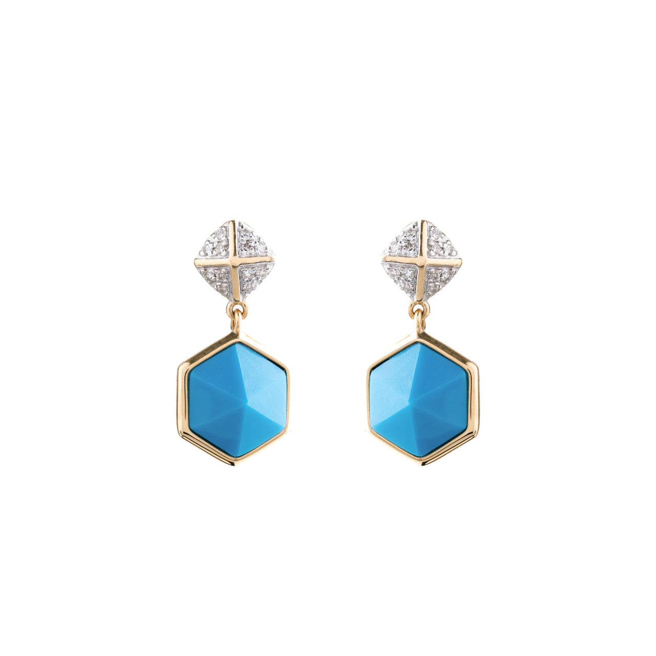 18K Yellow Gold Blue Hexagon Diamond Earrings