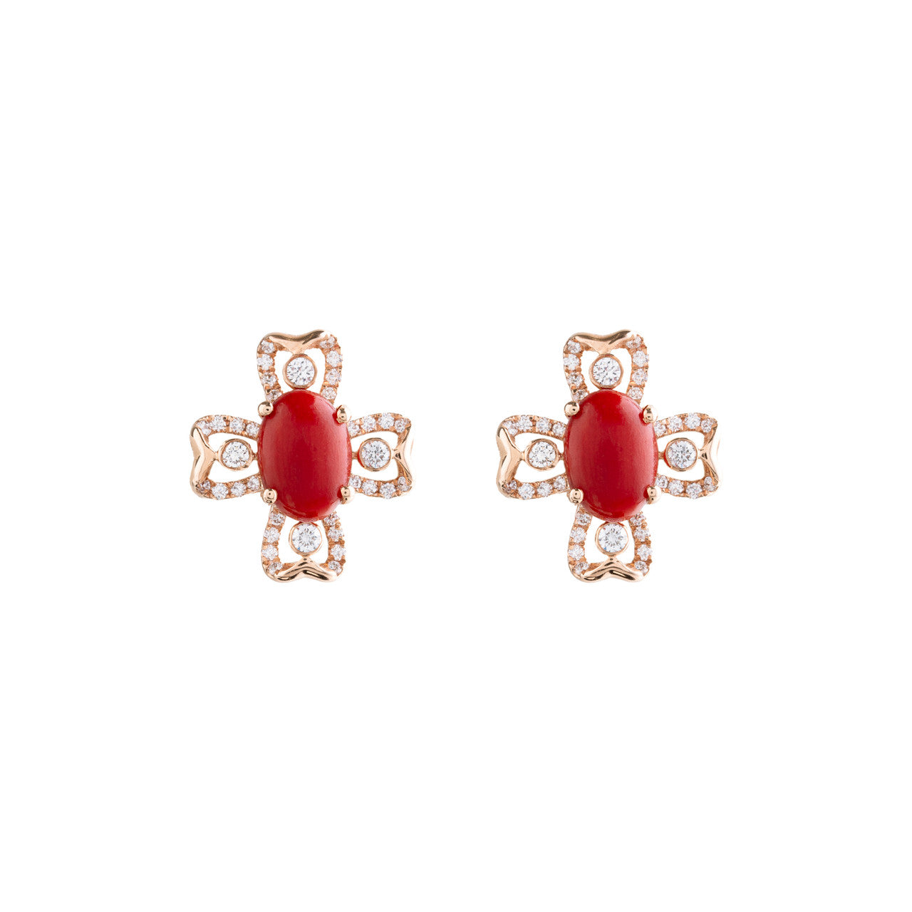 18K Rose Gold Flower with red Coral Diamond earrings