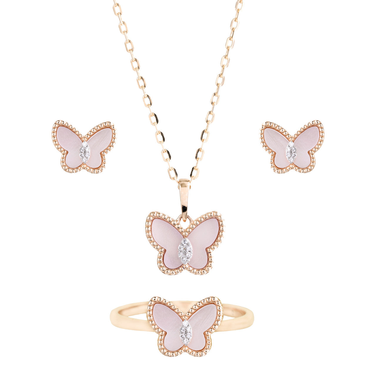 18K Rose Gold Pink Butterfly Diamond Pendant Set