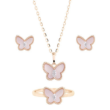 18K Rose Gold Pink Butterfly Diamond Pendant Set