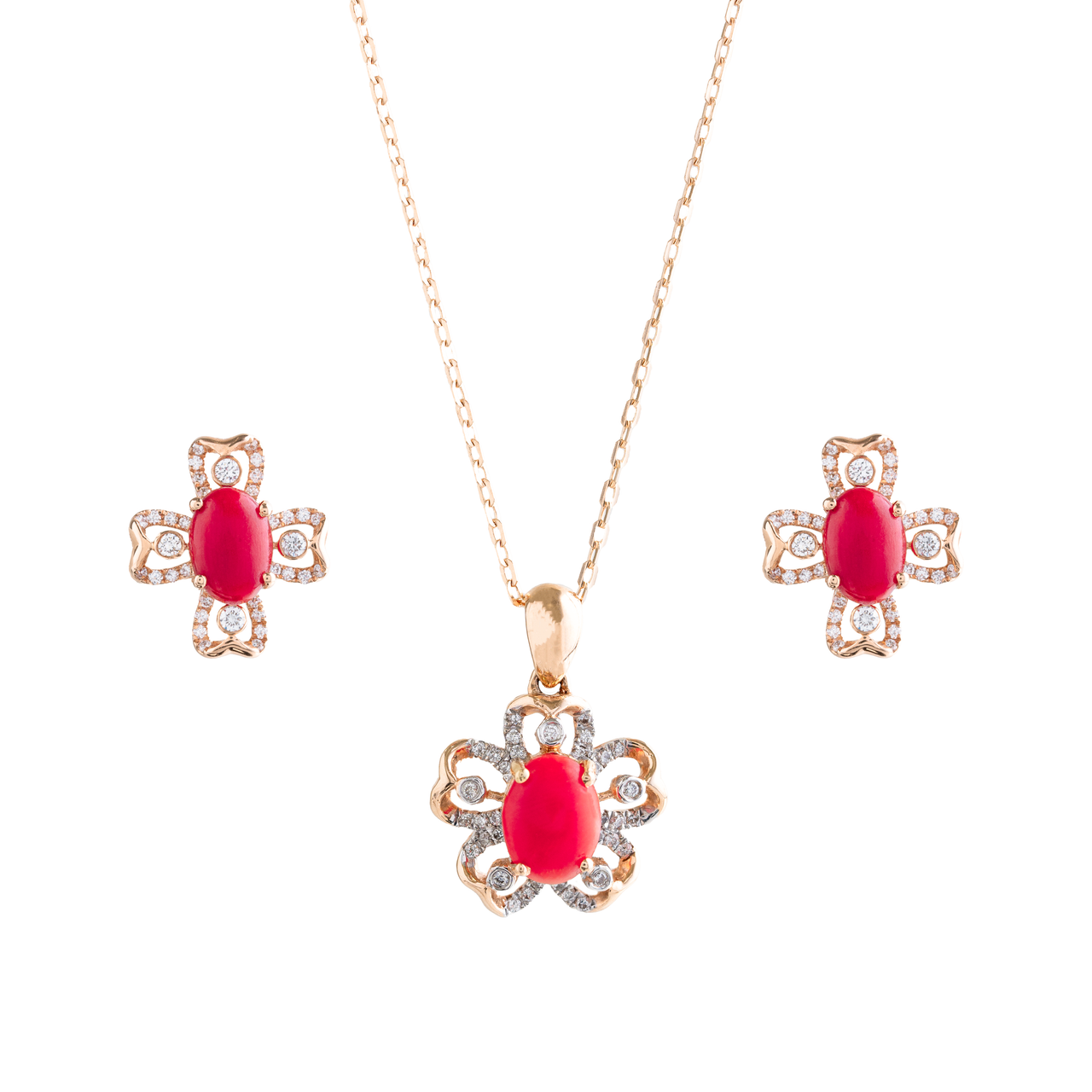 18K Rose Gold Flower with red Coral Diamond Pendant Set