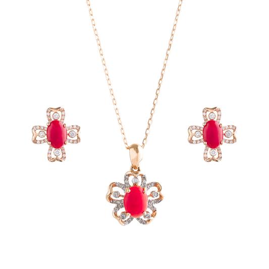 18K Rose Gold Flower with red Coral Diamond Pendant Set