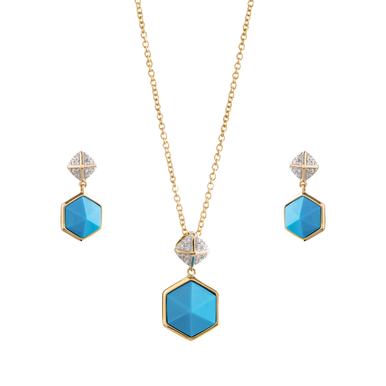 18K Yellow Gold Blue Hexagon Diamond Necklace Set