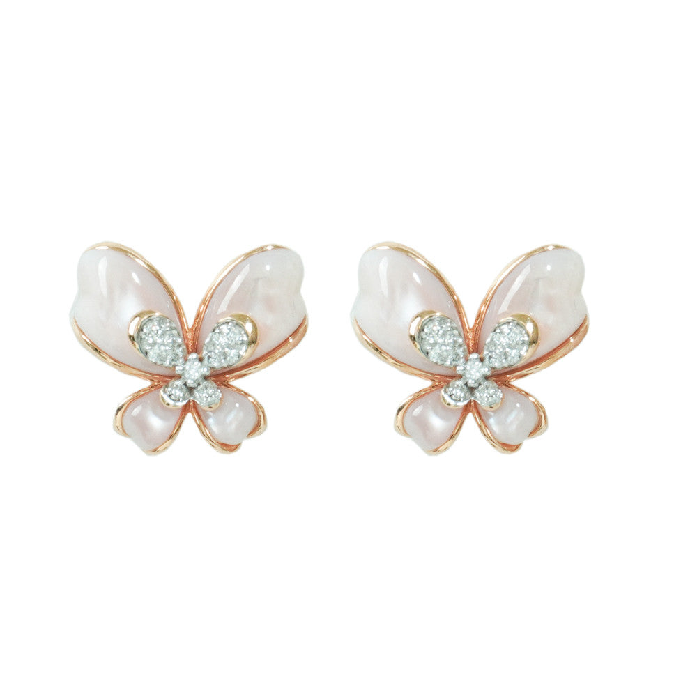 18K Rose Gold Butterfly Mother of Pearl Diamond Earrings