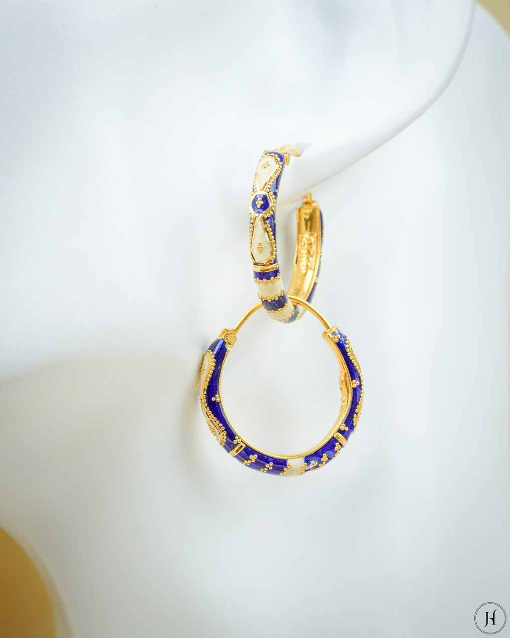 21K Bahraini Yellow Gold Navy Blue Enamel Hoop Earrings