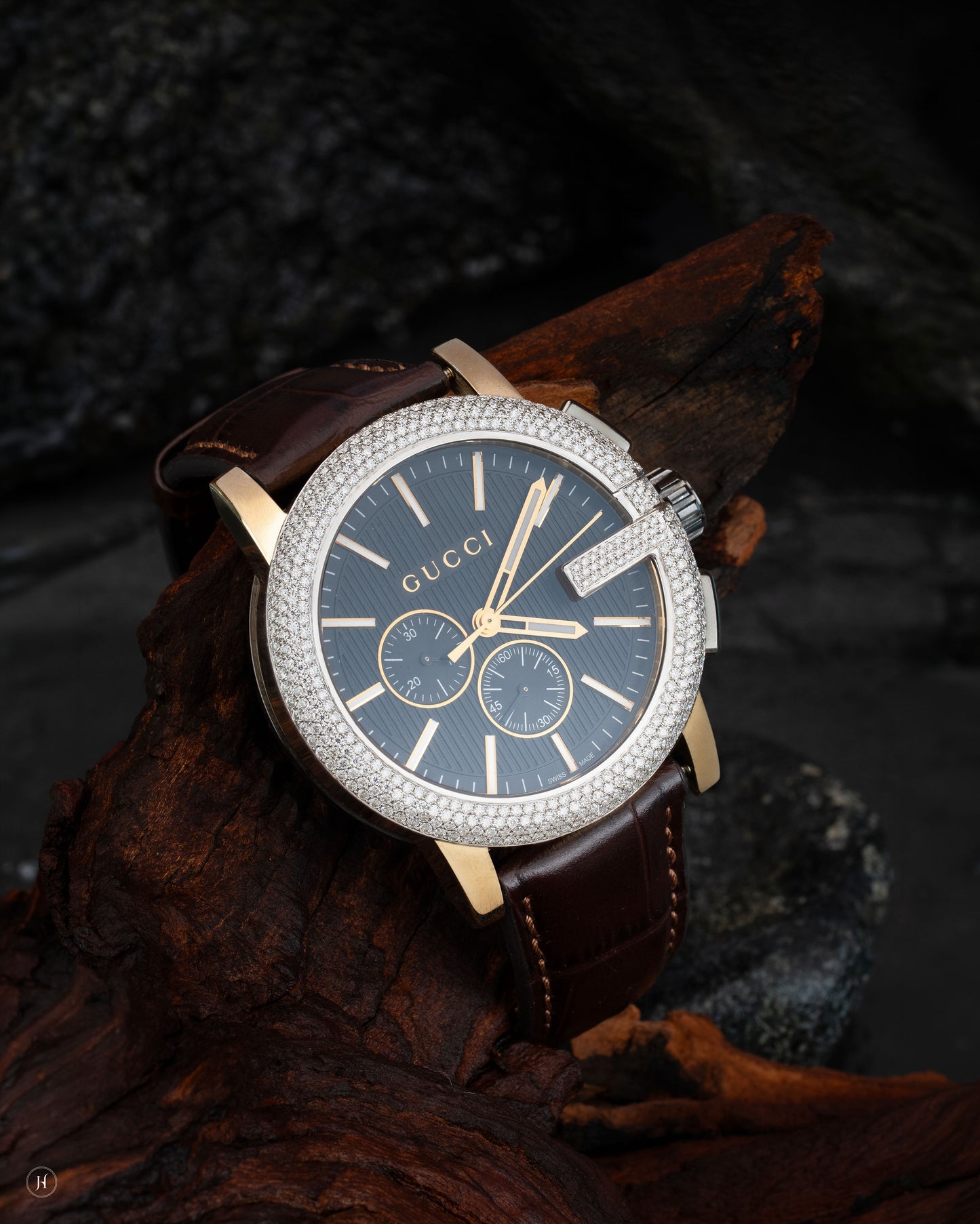 Gucci-Inspired Brown Leather Strap Premium Watch with Diamond-Style Bezel