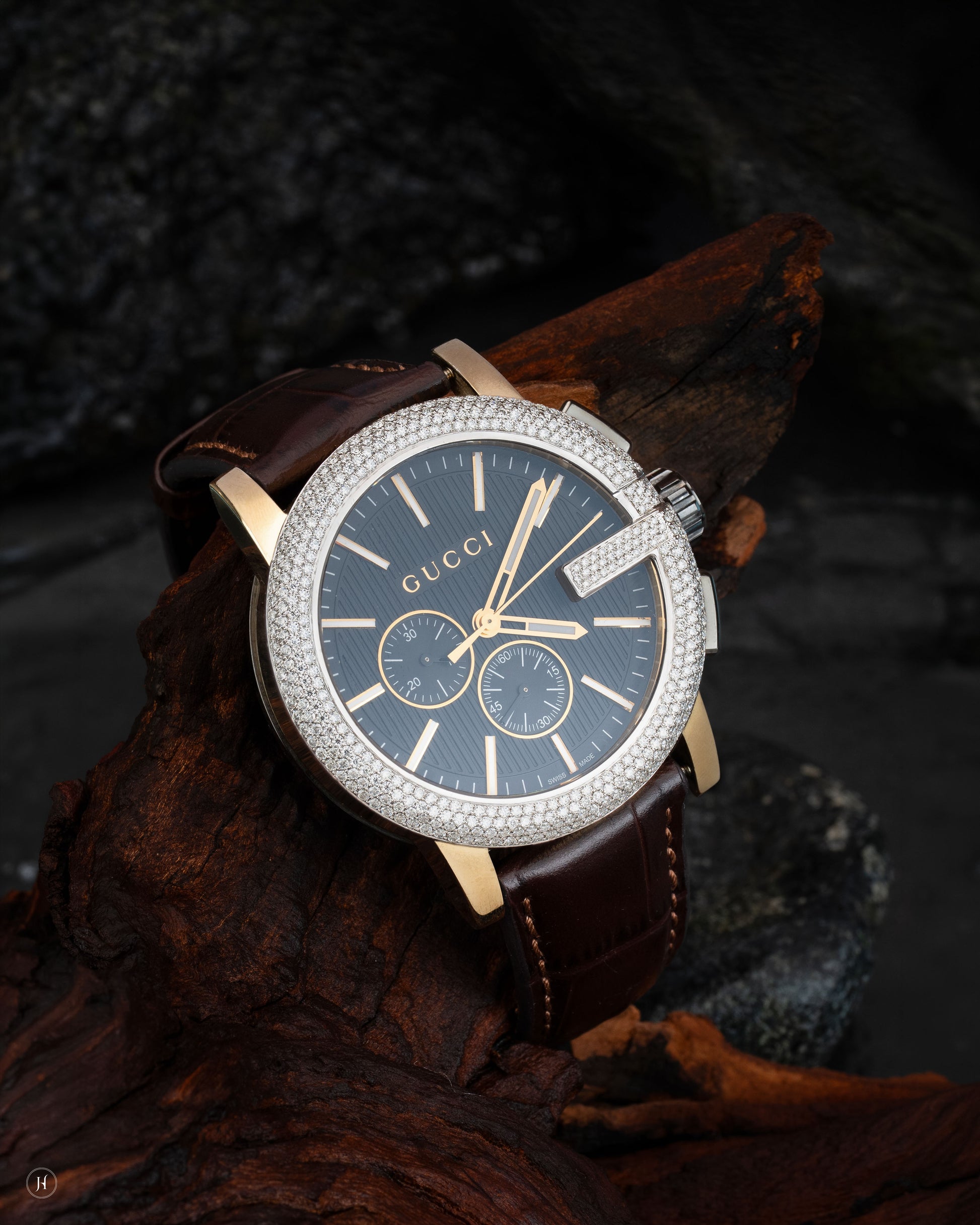 Gucci-Inspired Brown Leather Strap Premium Watch with Diamond-Style Bezel
