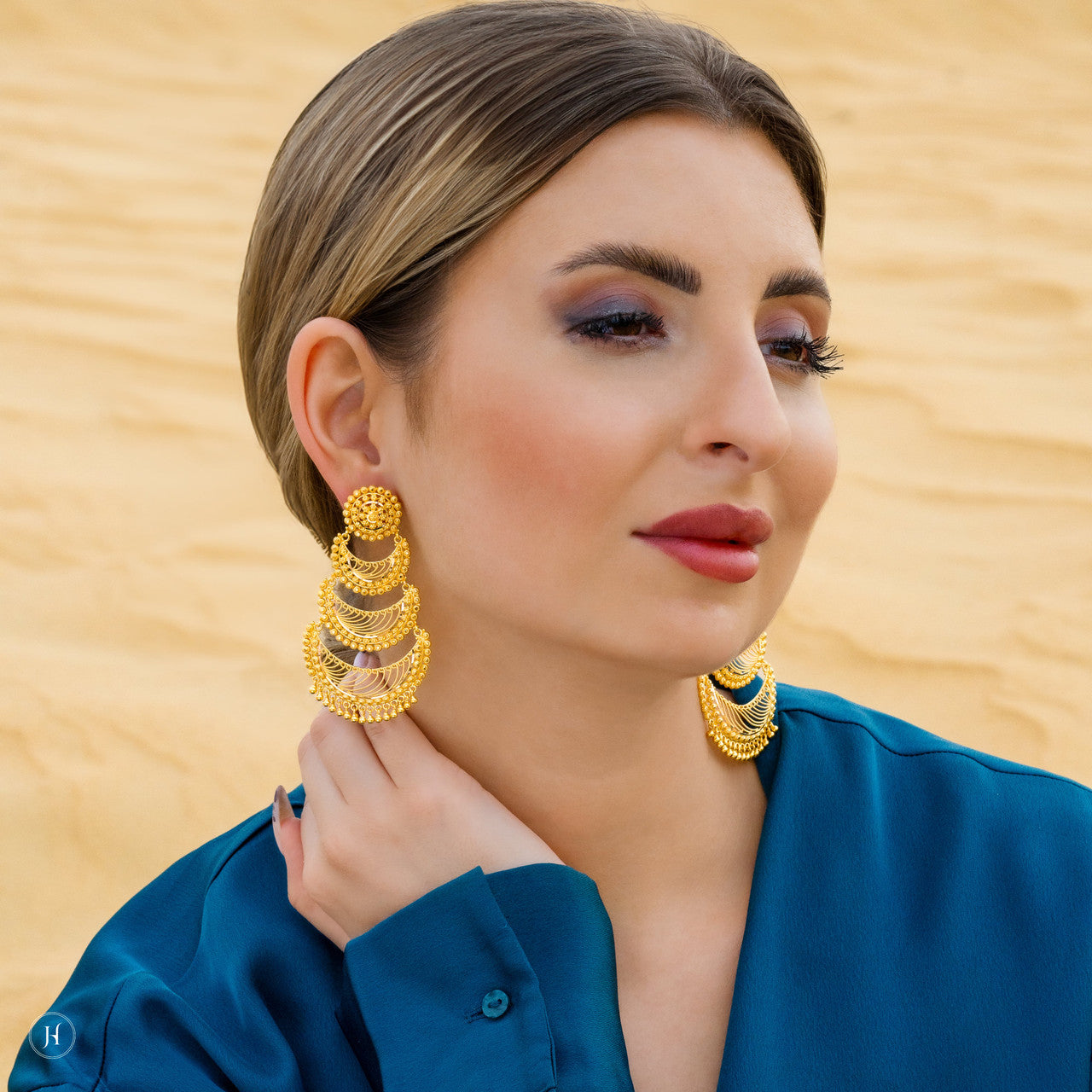 21K Yellow Gold Bahraini Multilayer Chandelier Earrings