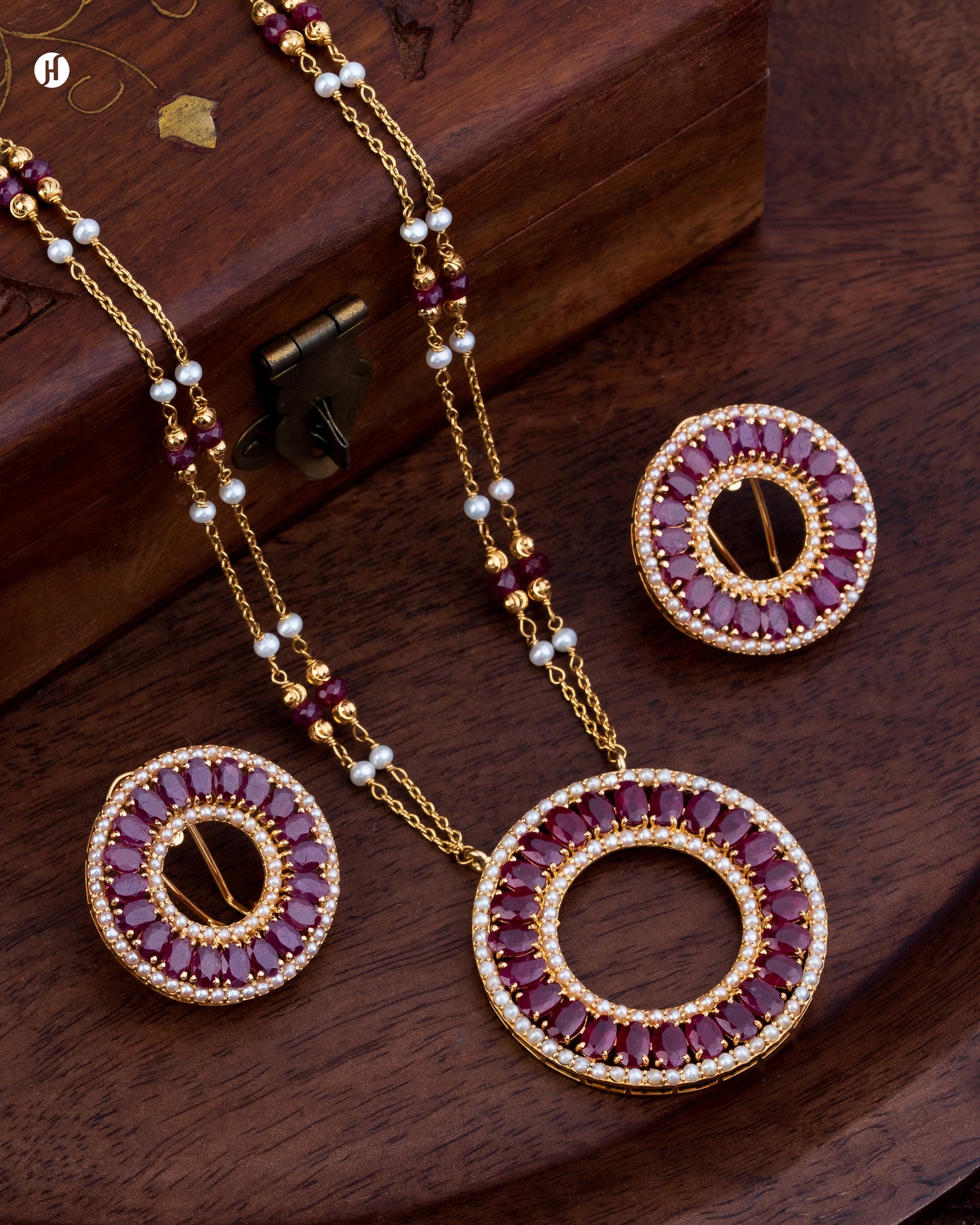 21K Yellow Gold Pakistani Round Ruby Pendant Necklace Set