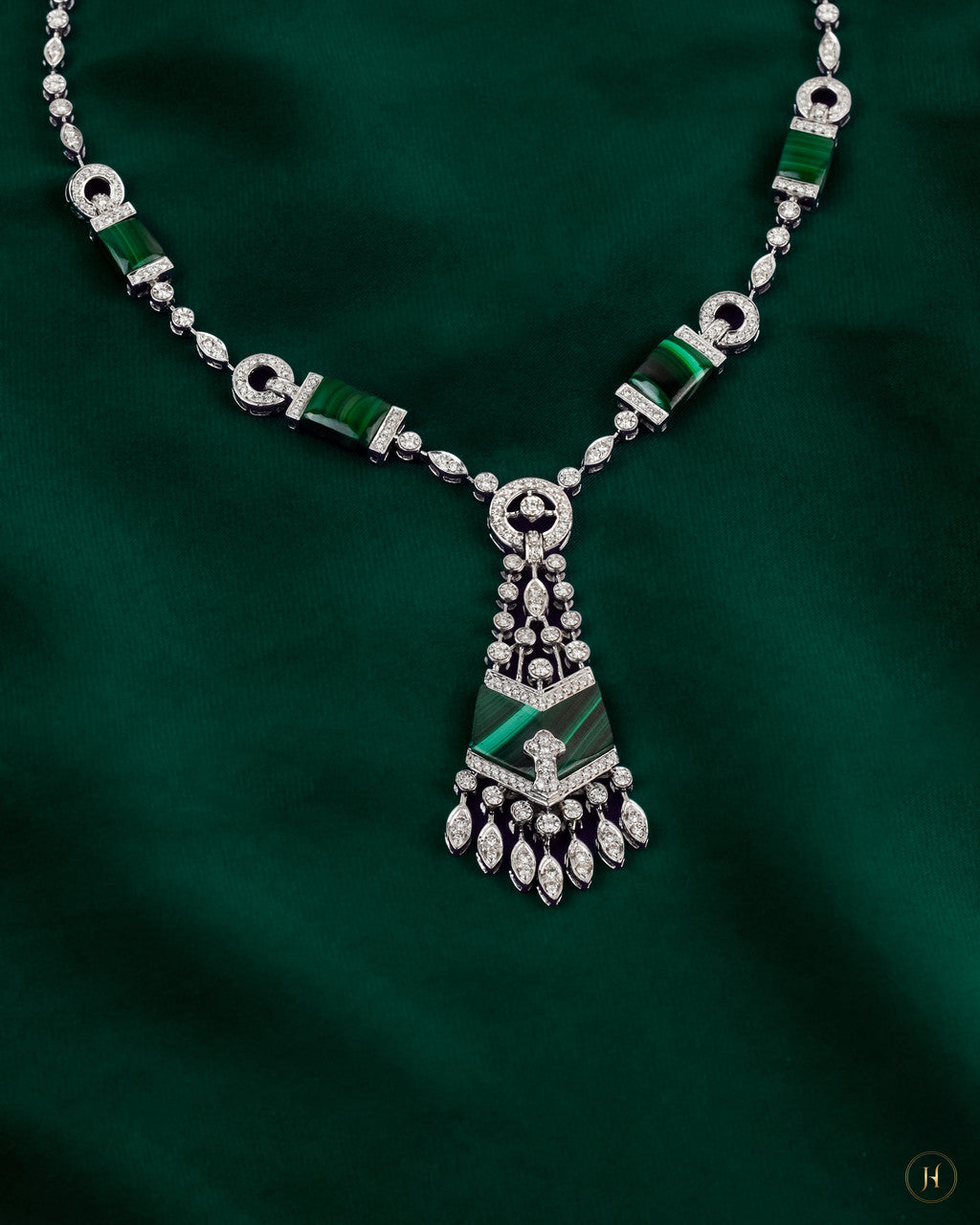 18K White Gold Malachite Diamond Necklace