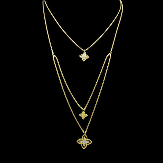 18K Yellow Gold Italian Triple 4-Petal Lotus Matinee Necklace