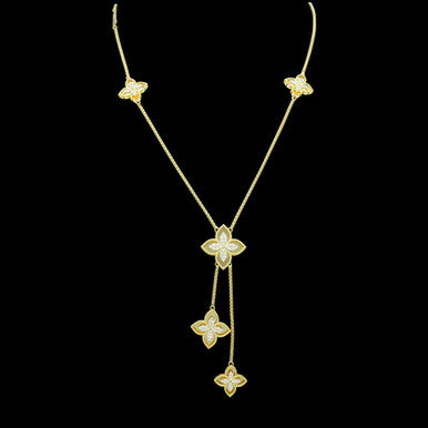 18K Yellow Gold Italian Dangle 4-Petal Lotus Matinee Necklace