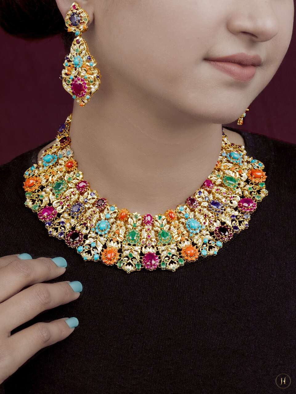 21K Yellow Gold Pakistani Multicolor Gemstone Necklace Set