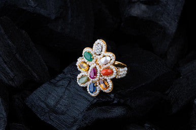 18K Yellow Gold Diamond Navratna Ring with Gemstones