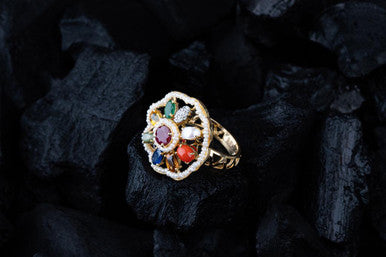 18K Yellow Gold Diamond Ring with Navratna Gemstones